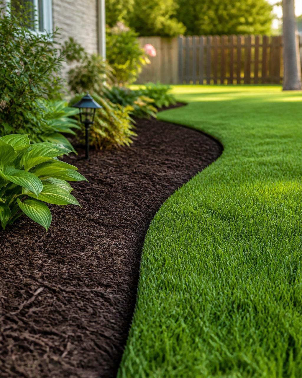 A perfectly edged garden bed with rich dark brown mulch next to a green lawn